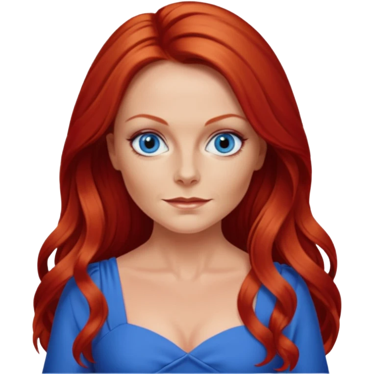 Geri Halliwel with long red hair, blue eyes, red outfit emoji