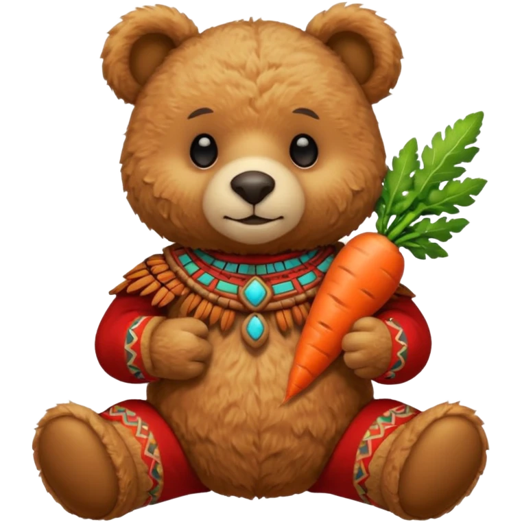teddy bear Upper, wearing red mayan ancient custome, with carrot half body emoji