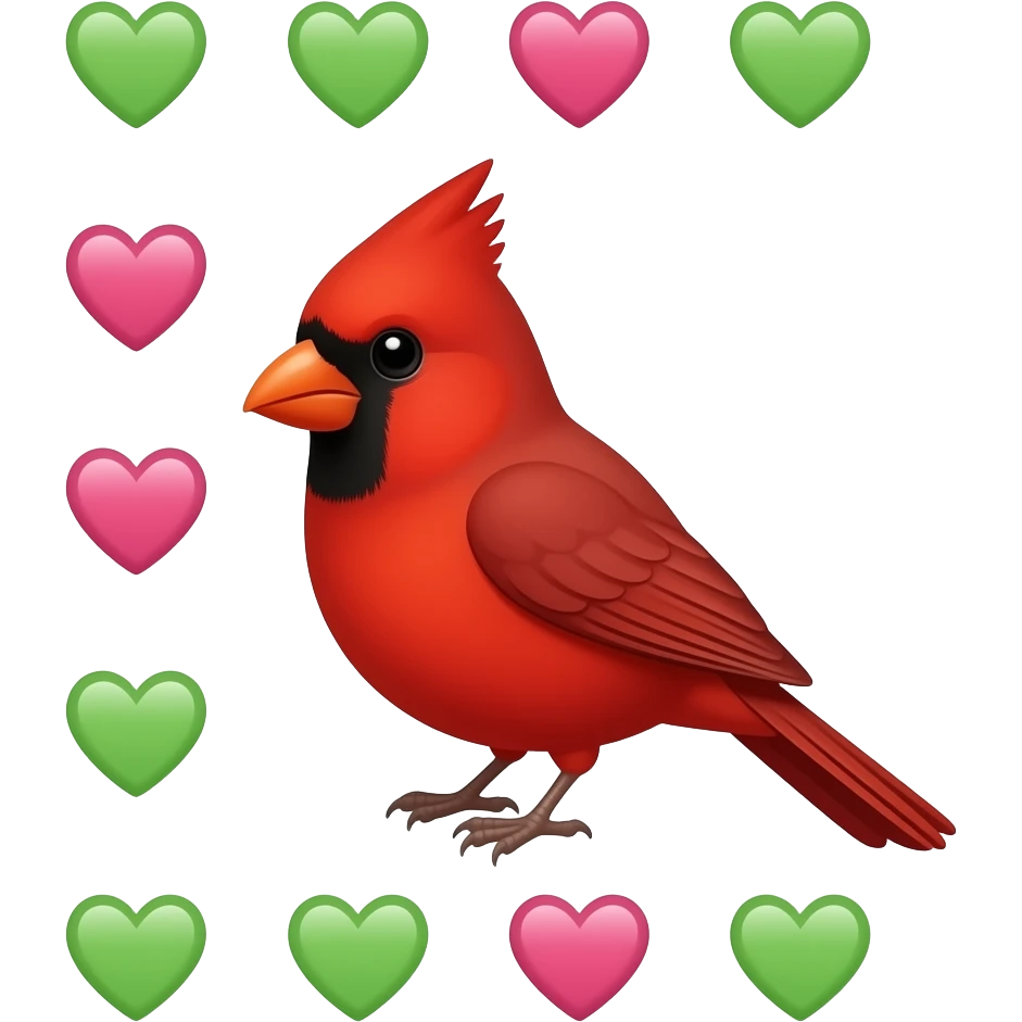 Red cardinal surrounded by pink and green hearts emoji