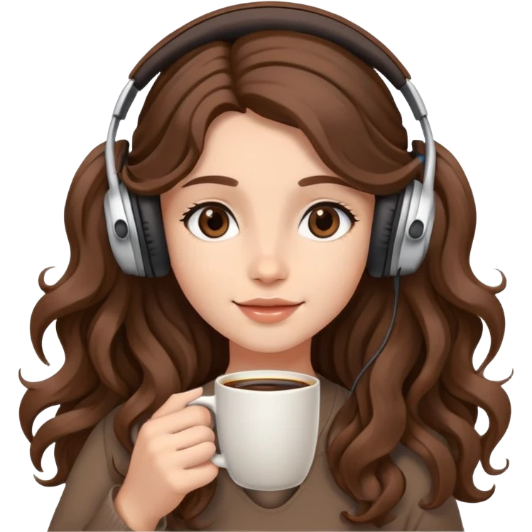 A girl with brown wavy long hair, wearing headphones on her head and holding coffee in her hand SHe has delicate facial features emoji
