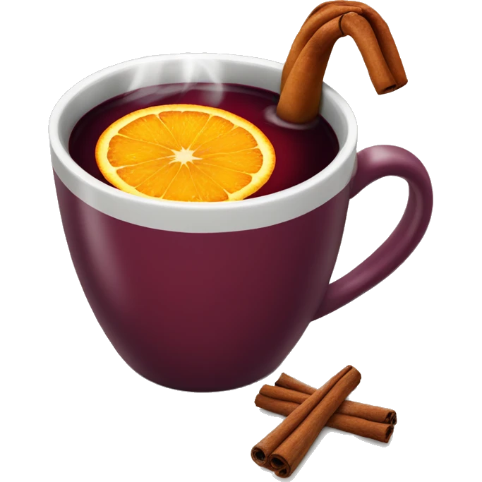 A Christmas mug of hot mulled wine, steaming with cinnamon and an orange slice. emoji