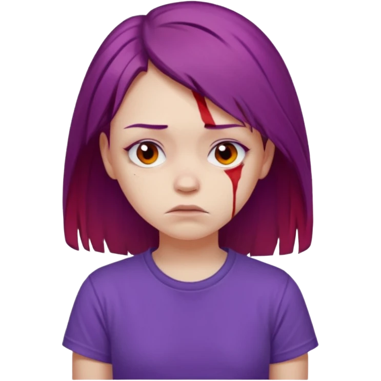 Young girl with red, damaged, and unattractive hair, wearing a purple T-shirt, with a sad face. emoji