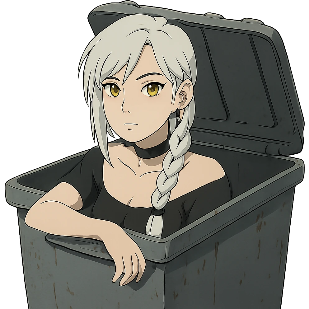 she is poking out from a garbage dumpster, a closeup portrait of young woman with gold yellow eyes, white hair, long braid, black off-shoulder top d-cup, punk gothic style, futuristic cyberwave cyberpunk, emoji