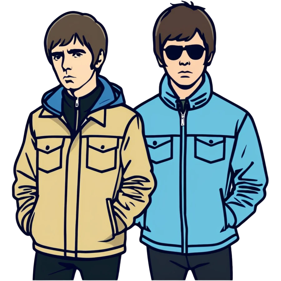 Create me a sticker of oasis band liam gallagher and noel gallagher at her peak (90s)  emoji