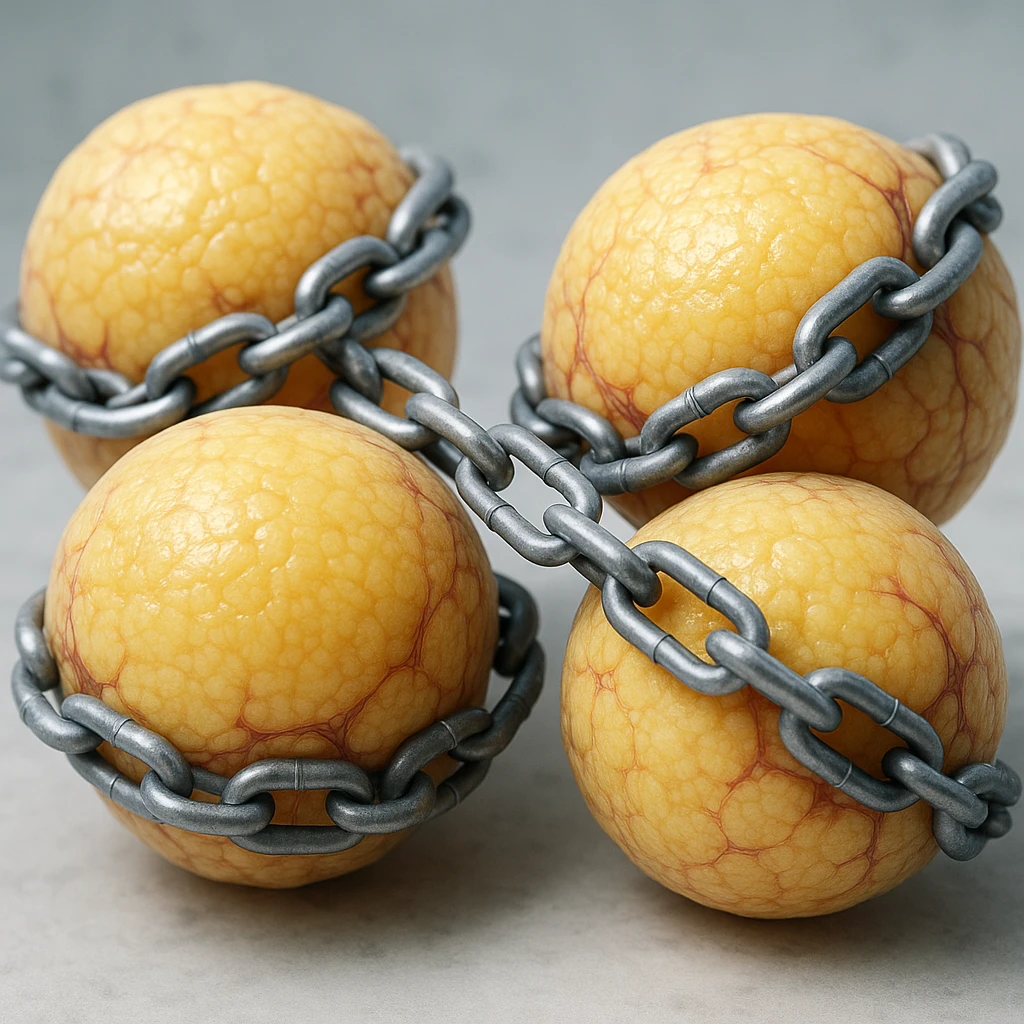 hyper realistic 4K adipocytes with chains blocking them, cellular details, clinical atmosphere, neutral background emoji