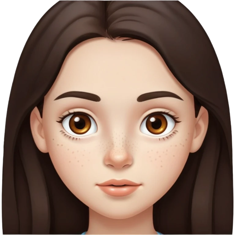 A 12-year-old girl with very long dark brown hair, light brown eyes, thick eyebrows, slightly big lips, with only two freckles - just one small freckle on her cheek and one small freckle under her eye emoji