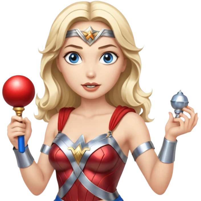 Blonde blue eyes Wonder Woman holding bell and short, thin, white baton emoji