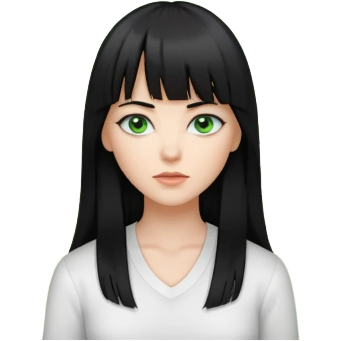 A white woman with Long straight hair with bangs, black hair, green eyes and a low-cut shirt emoji