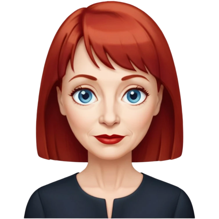 Older woman in her early 60s with fair skin, wider oval face, noticeable age lines, blue eyes, thin eyebrows, small nose, red lips, dark red hair with straight bangs, wearing a black blouse emoji
