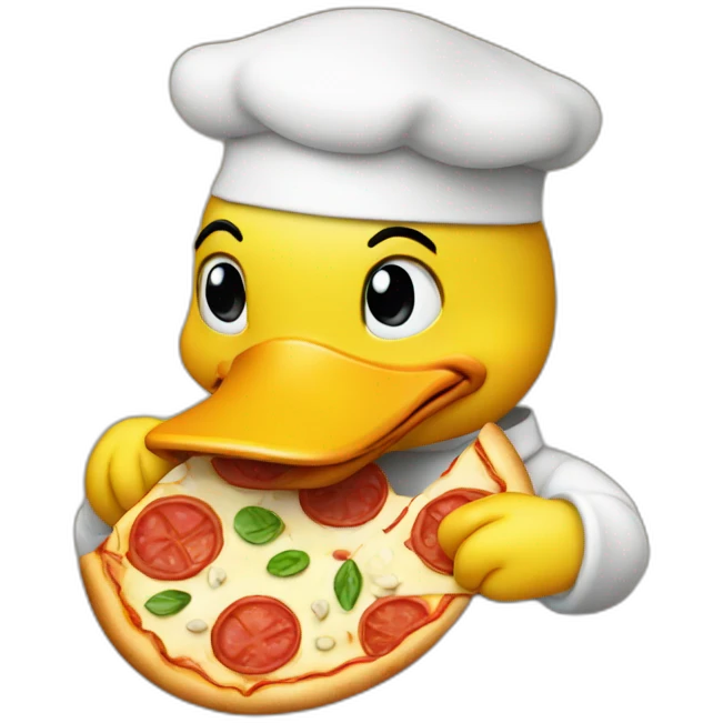 yellow duck frontal face holding pizza emoji