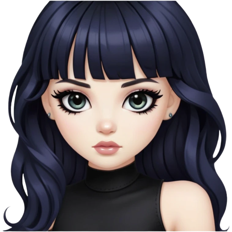 wavy black long bangs hair, pale skin, dark black iris, pretty bratz baddie, strong black eyeliner emoji