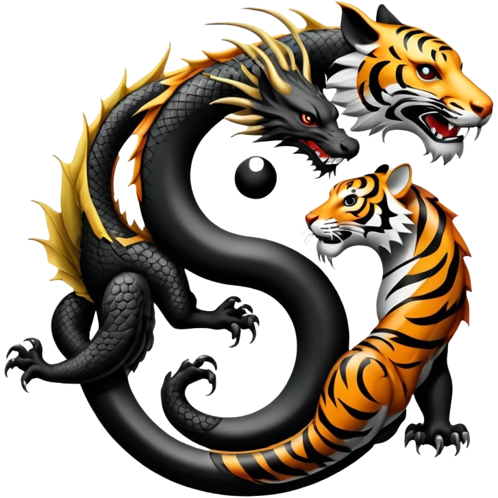 An icon symbolizing Eastern martial arts in the style of an emblem, featuring a black-and-white Yin-Yang symbol, a dragon, and a tiger. The dragon and tiger represent strength and agility, surrounding the symbol. Traditional elements like bamboo add to the design. Transparent background. emoji