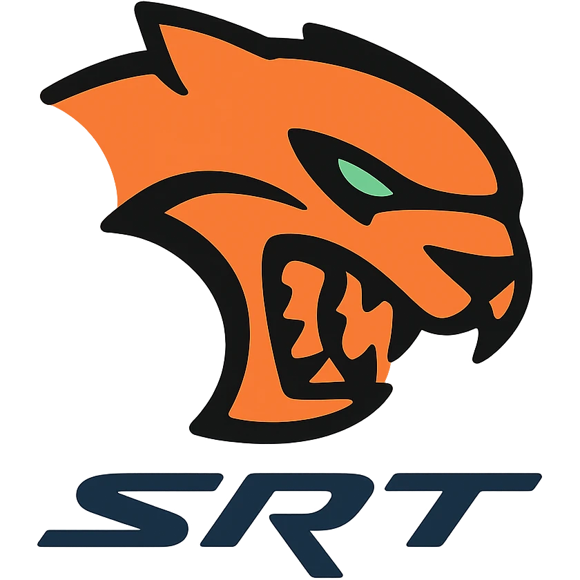 Hellcat SRT logo, stylized hellcat head with SRT lettering, sharp lines, dynamic emoji