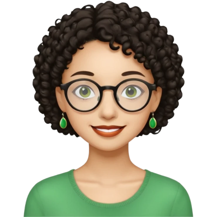 Very slim woman, light skin, short dark curly hair, black round glasses, green earrings, thin build, warm smiling face. Cartoon style. emoji