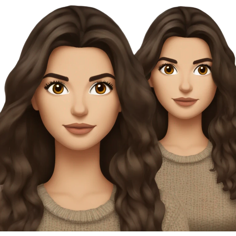 brunette Kendall Jenner with long and brown hair her eyes brown and sipping coffee Her hair is wavy and shiny With brown sweater emoji