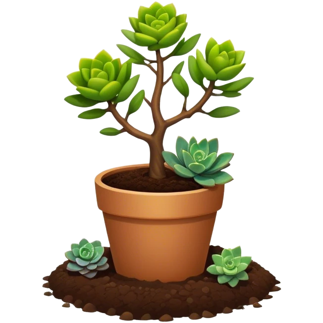 Close-up of a potted sapling in rich soil surrounded by vibrant plants and succulents. Bright sunlight filters through the window, casting soft shadows. Nearby gardening tools rest on a wooden table. Cozy indoor atmosphere with greenery and flowers. emoji