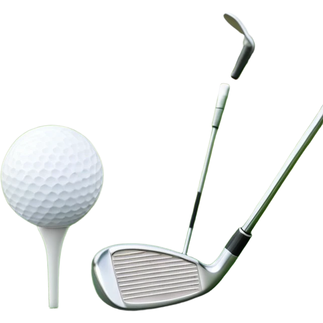 A golf ball on a tee with a golf club placed beside it, set against the backdrop of a well-manicured green golf course. The scene emphasizes the equipment and serene atmosphere of the sport, with soft lighting and a peaceful, open landscape emoji