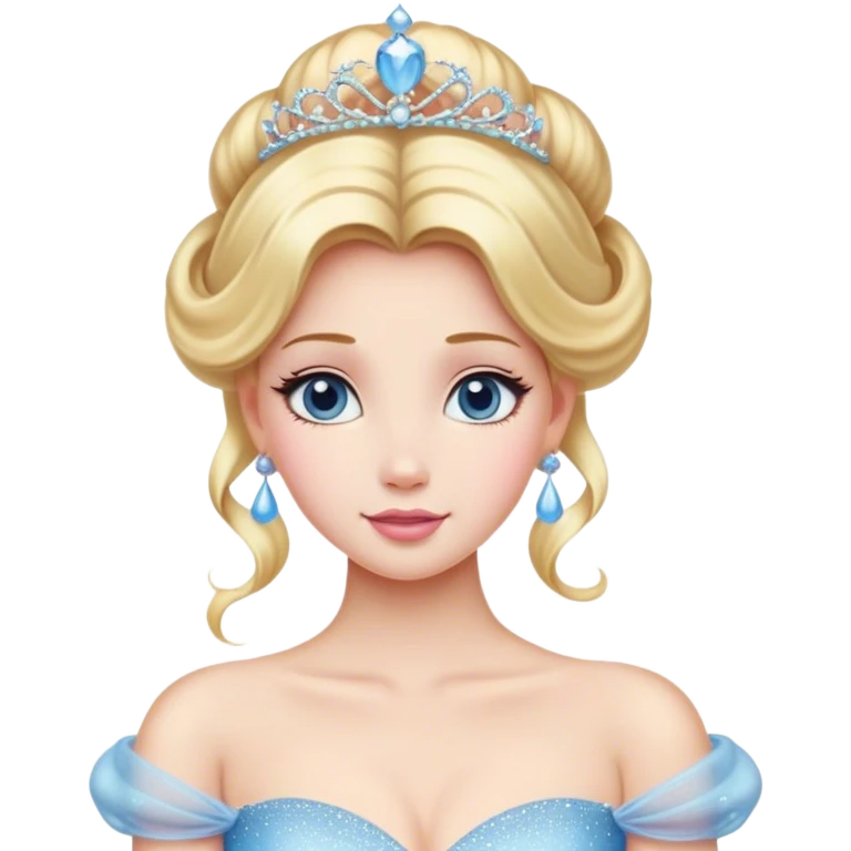 Cinematic Majestic Cinderella Portrait Emoji, rendered in a realistic, vector-style with clean, bold shapes. Depict Cinderella with a refined, noble expression, her fair skin luminous and her long blonde hair styled in an elegant updo, adorned with a delicate tiara. Her attire is a simple, sparkling ball gown that radiates soft pastel hues, glowing with a soft, majestic light and a subtle glowing outline, epitomizing classic royal beauty. emoji