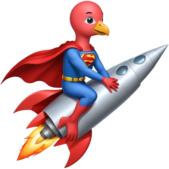 Flamingo with Supermancape sitting on a rocket emoji