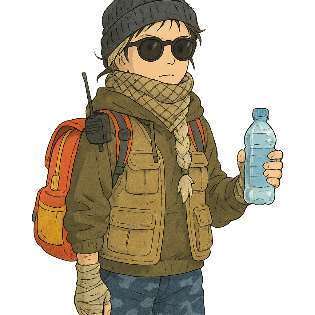 1 female, long white braid, knit cap, dark sunglasses, shemegh neckwrap, fishing vest, vibrant shool backpack, drab hoodie, handwraps, blue camo pants, handheld radio clipped to shoulder, unkempt, holding a bottle of water emoji