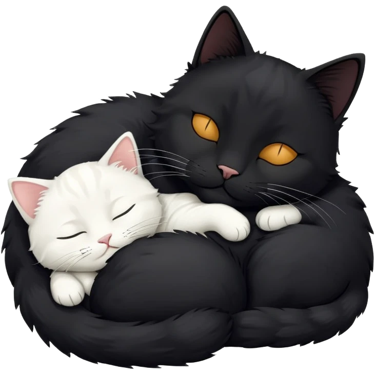 Big black cat is sleeping with a small white cat emoji