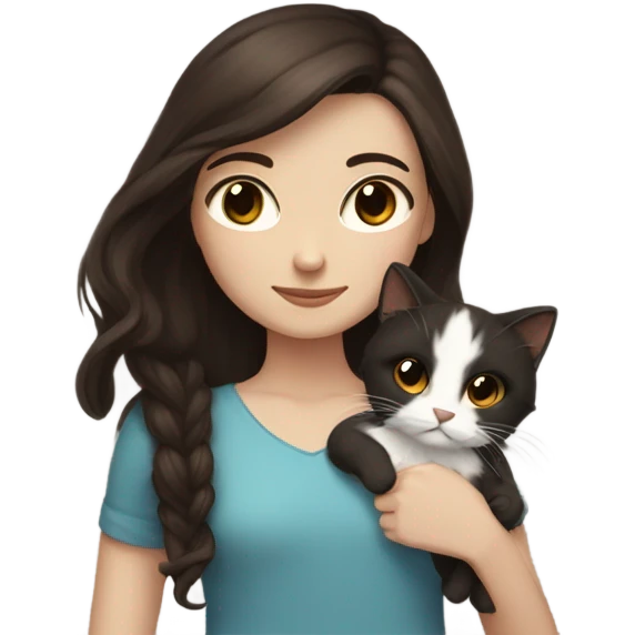 girl with dark brown hair and brown eyes. she has white skin. she is holding her brown and black cat. the cat has very scruffy fur emoji