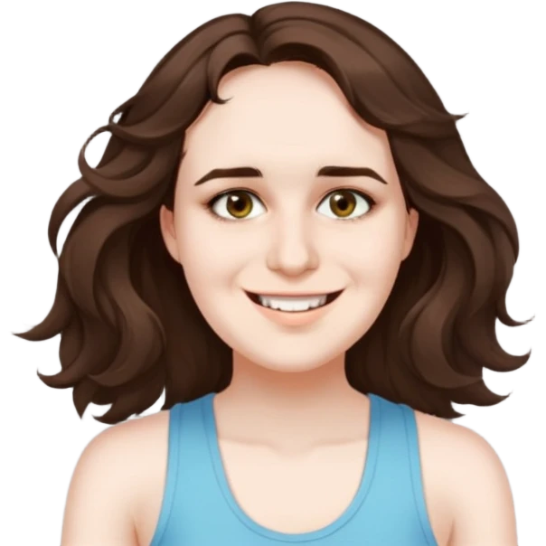 Smiling, happy, gladly, A beautiful anime lady with hazel-green-blue eyes, dark-brown wavy medium-long hair, pale skin, tomboy style, tank top emoji