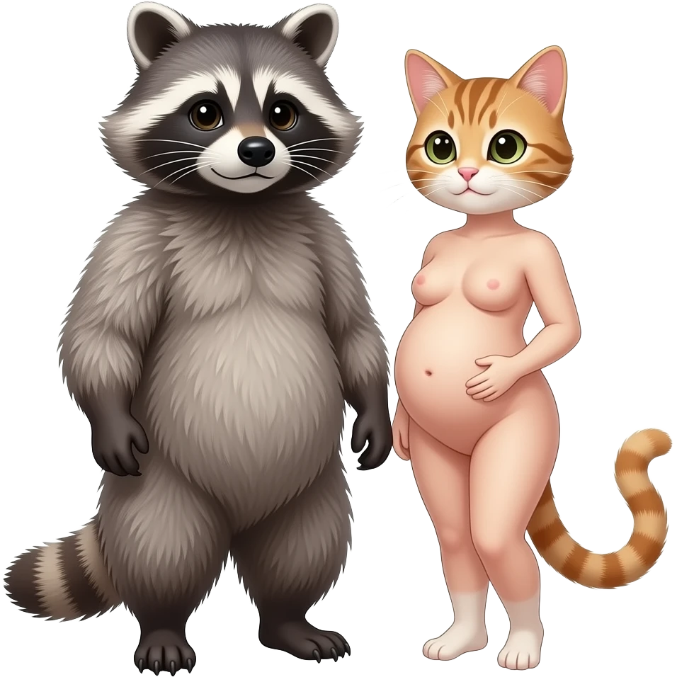 raccoon daddy and his pregnant cat wife. they look like real one and look sexy and hot. they are naked and cat has short hairs emoji