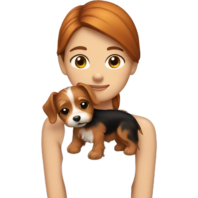 Brunette girl hugs ginger yorkie dog emoji