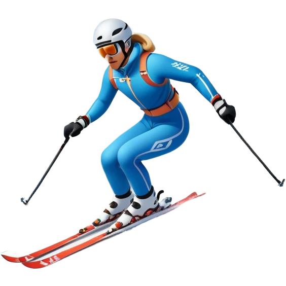 An icon featuring snowy peaks, pine trees, and a picturesque mountain landscape with a skier racing down a snow-covered slope. The sky is blue with soft clouds, capturing the thrill and beauty of alpine skiing. Transparent background highlights the excitement and serenity of winter sports. emoji