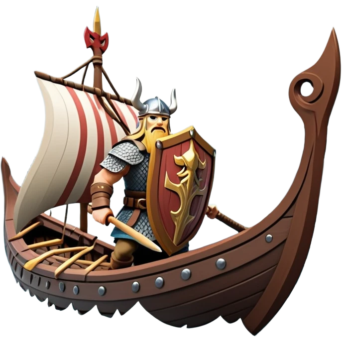 clash-of-clans-aesthetic_-cinematic-viking-longboat, rendered in a flat, bold vector style with minimal shading, featuring a striking dragon-headed prow slicing through icy, churning waters. shields on the side and vikings rowing The longboat’s intricately detailed shields and carved motifs evoke a sense of epic adventure and Nordic might, with billowing sails catching a dramatic, stormy sky backdrop. emoji