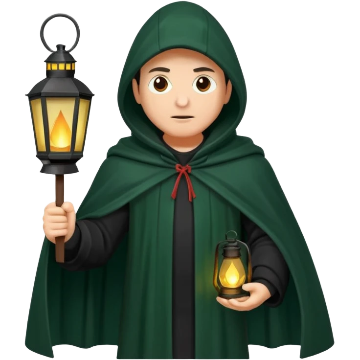 traitor tv show, person wearing dark green cloak with hood up who looks evil and is holding up a lantern emoji
