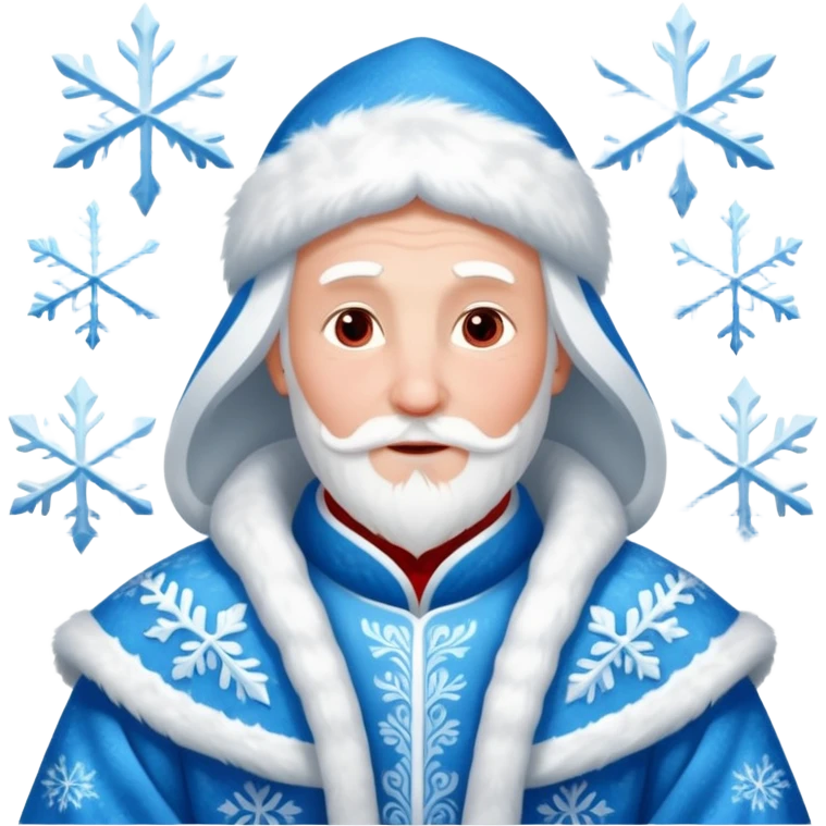 Legendary fantasy human Christmas portrait icon, Grandfather Frost and Snow Maiden style, traditional winter robe with fur, magical snow patterns, kind powerful expression, icy blue and white colors with red accents, classic Slavic winter fairy tale mood, clean readable emoji style, male/female emoji