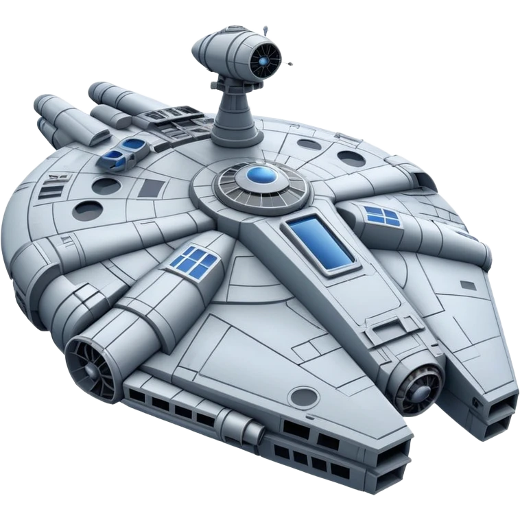 Millennium Falcon from Star Wars, emoji style, spaceship with precise details: circular cockpit, parabolic antenna, panels, blue engines, gray and metallic colors, realistic look within emoji style emoji