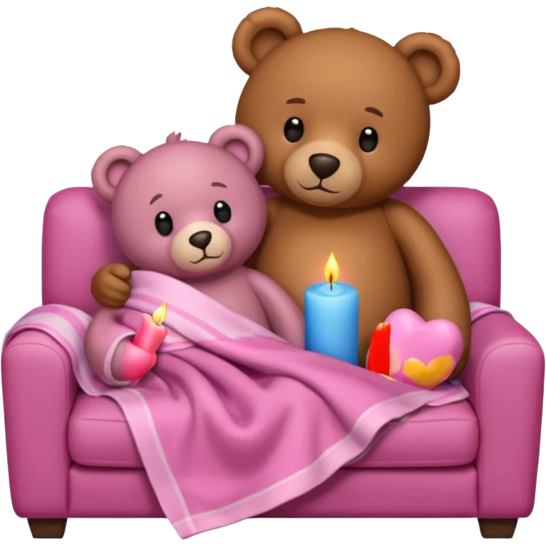 Brown teddy bear cuddling with a pink teddy bear wrapped in a blanket watching tv on couch with candles next to them emoji