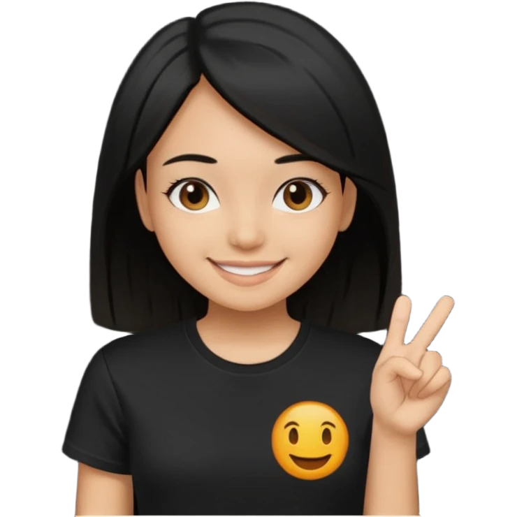 a pretty bratz girl with straight black hair,  wearing a black tshirt emoji