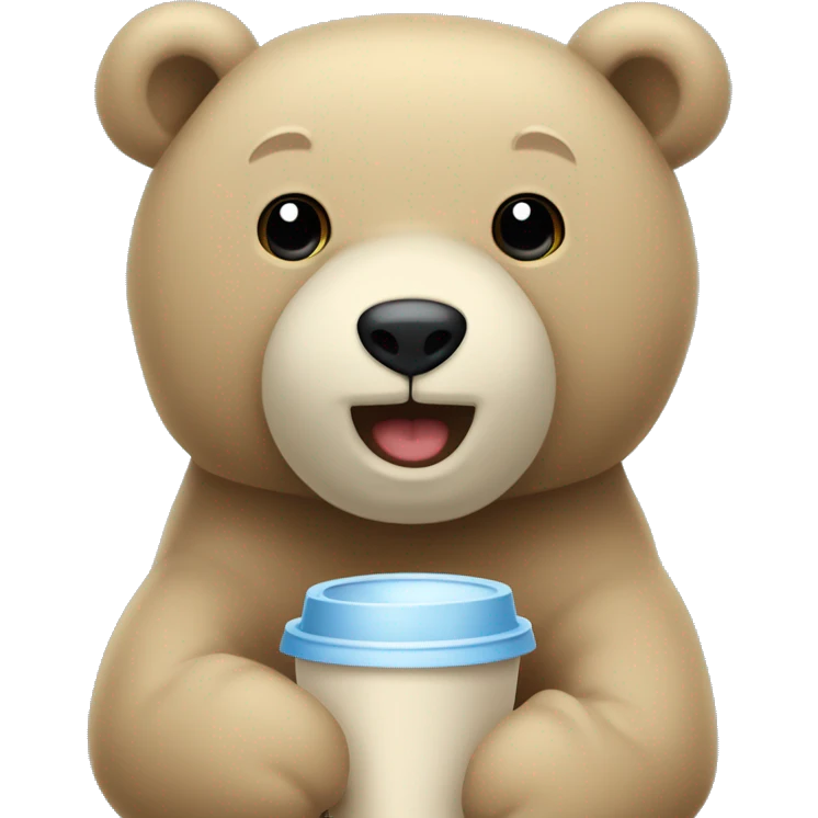 Un Oso de peluche beige, con nariz café, cuerpo flacucho y pañal azul claro, con un volado azul claro y amarillo claro  emoji