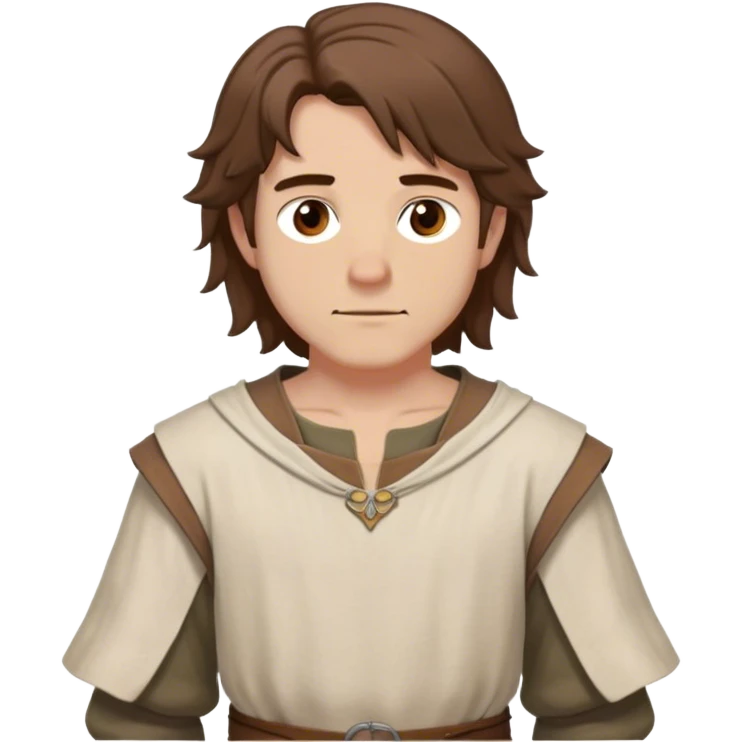 medieval outfit worn by a DnD themed fantasy character. basic wool tunic with a linen undershirt. clothes only above the waist. The clothes full waist. The character's haven't arms. character is brown hair brown eyes shoulder-length messy hair white man. emoji