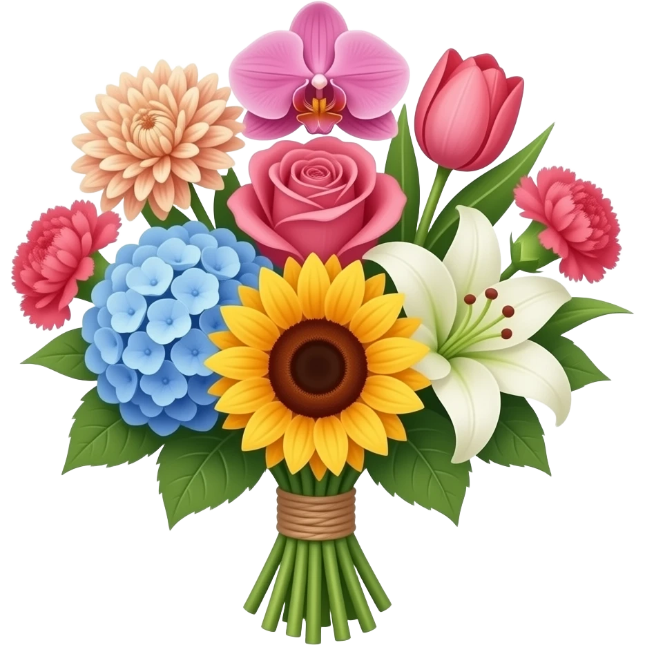 a bunch offlowers with a chrysanthemum, a orchid, a carnation, a tulip, a hydrangea, a rose, a sunflower and a lily emoji
