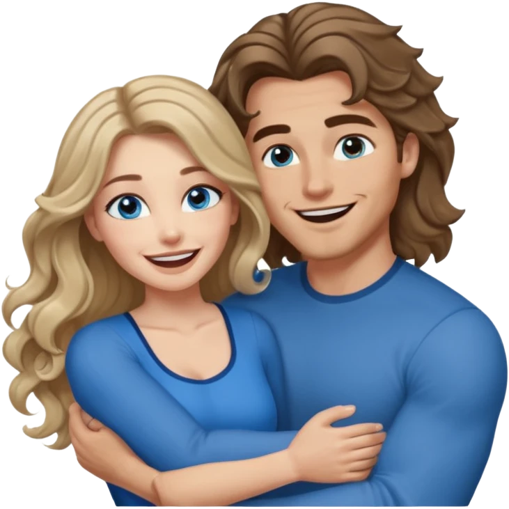 Women with blue eyes and very long, brown blond balayage curled hair in the arms of a man with strong arms a straight face, a very sexy man blue eyes. They are laughing at each other. He has dark brown hair: A fade haircut down to skin and is light skinned  emoji