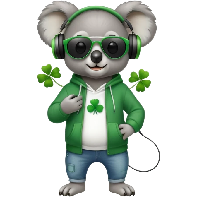 anthropomorphised koala, full body, wearing a hoodie and jeans, dark sunglasses, headphones, dressed for St. Patrick's Day, different pose emoji