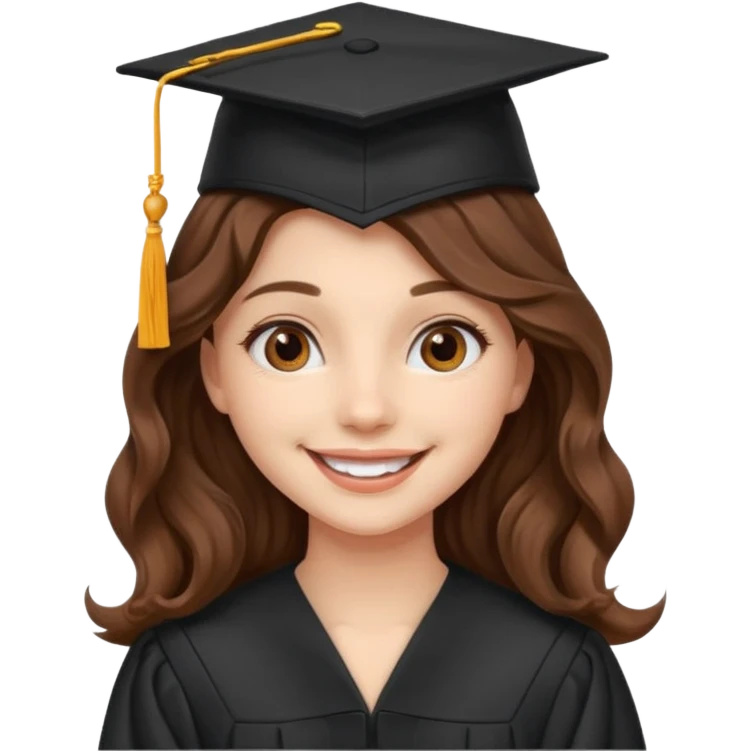 Graduated Students, Cheerful girl, long brown wavy hair, wearing graduation cap emoji