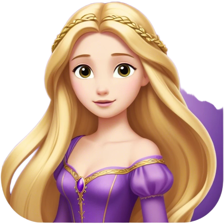 Cinematic Majestic Rapunzel Portrait Emoji, rendered in a clean, vector-style with bold, simplified shapes. Show Rapunzel with a serene, graceful expression, luminous fair skin, and elegantly styled long golden hair, accented by her classic purple gown. The design radiates a majestic, dreamlike glow with high shine and a soft glowing outline, embodying regal beauty. emoji