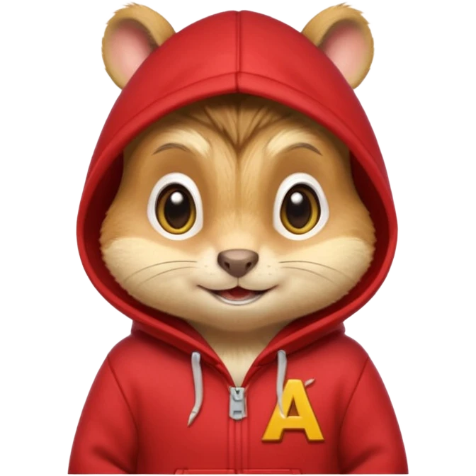 Portrait of a cartoon chipmunk with light brown and beige fur, wearing a red hoodie with a yellow 'A' on it, big round eyes, small nose, and a mischievous grin, front-facing, stylized in animated movie style emoji