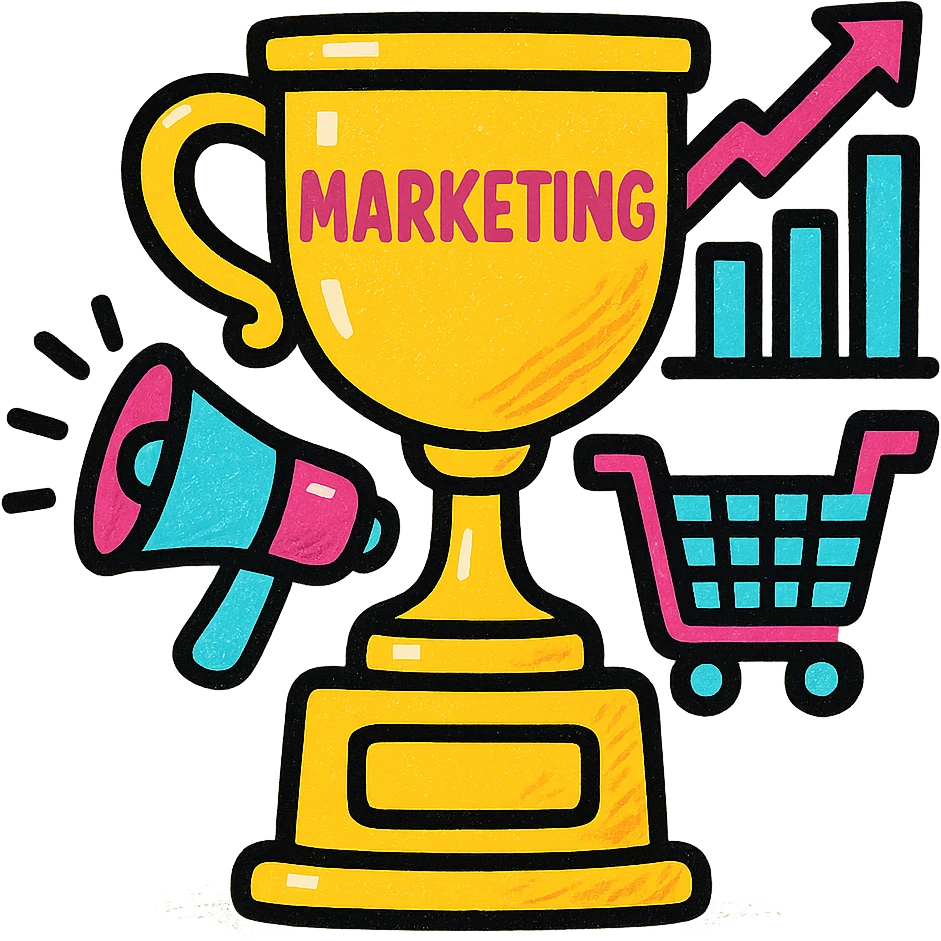 winner's cup trophy symbolizing marketing success with marketing icons, modern vibrant style, suitable for business branding emoji