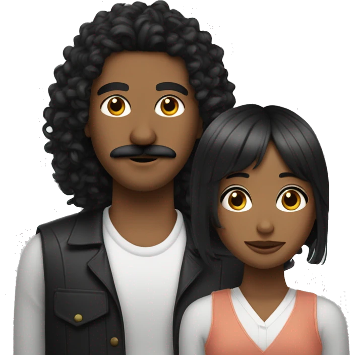 Mid curly hair guy with a mustache and long straight black hair girl with curtain bangs next to eachother  emoji