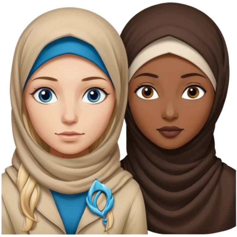 white girl with long blonde hair, blue eyes, tattoos, a septum nose piercing, and a dark skinned woman in a hijab with brown eyes emoji