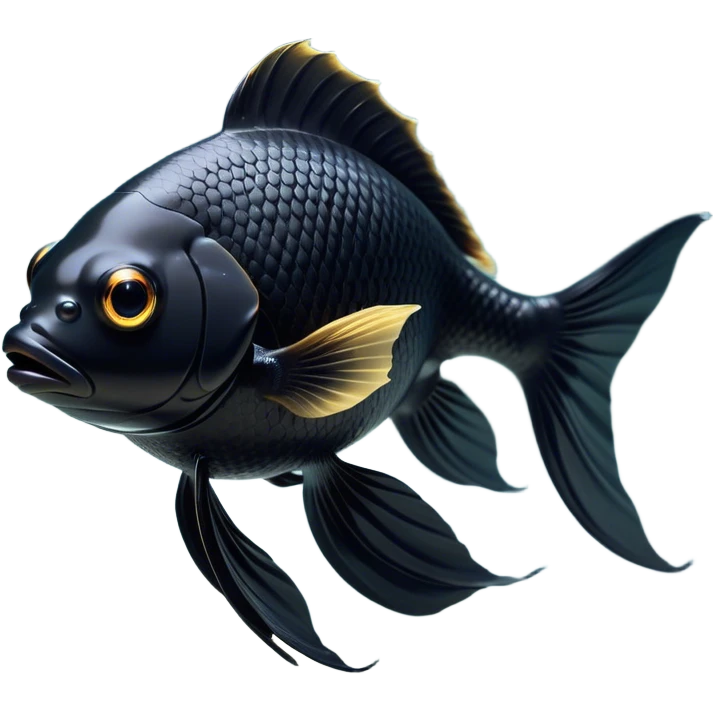 Cinematic Noble Black Goldfish Portrait Emoji, Poised and regal, with a sleek, streamlined build and a lustrous, deep black body, deep-set soulful golden eyes, Simplified yet sharp and sophisticated features, highly detailed, glowing with a soft, dignified glow, high shine, intelligent and graceful, stylized with an air of aquatic elegance, focused and attentive, soft glowing outline, capturing the essence of a watchful and confident aquatic companion, so majestic it feels as though it could glide out of the screen with effortless authority! emoji