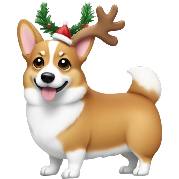 Corgi with reindeer antlers, standing proudly beside a tiny Christmas tree with ornaments emoji