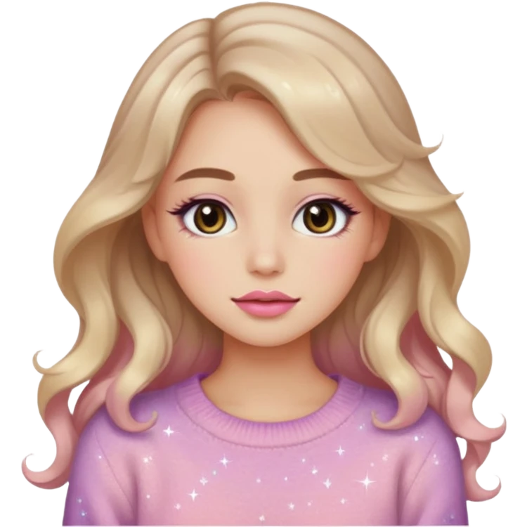 “Emoji girl, soft eyeliner, gradient rose lips, light brown shimmer eyeshadow, sparkly aegyo-sal, long wavy hair, cozy pastel sweater.” emoji